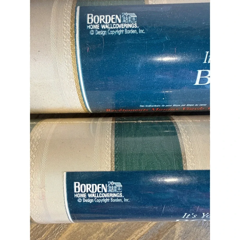 Vintage Bordenstyle Vinyl Wallpaper 2 Rolls Green Cream Gold Stripe CC216FF New